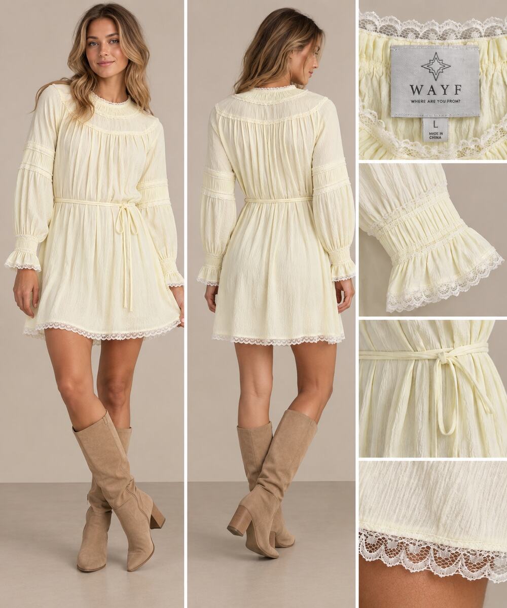 WAYF Mini Dress Women L Cream Yellow Lace Trim Long Sleeve Boho NWT